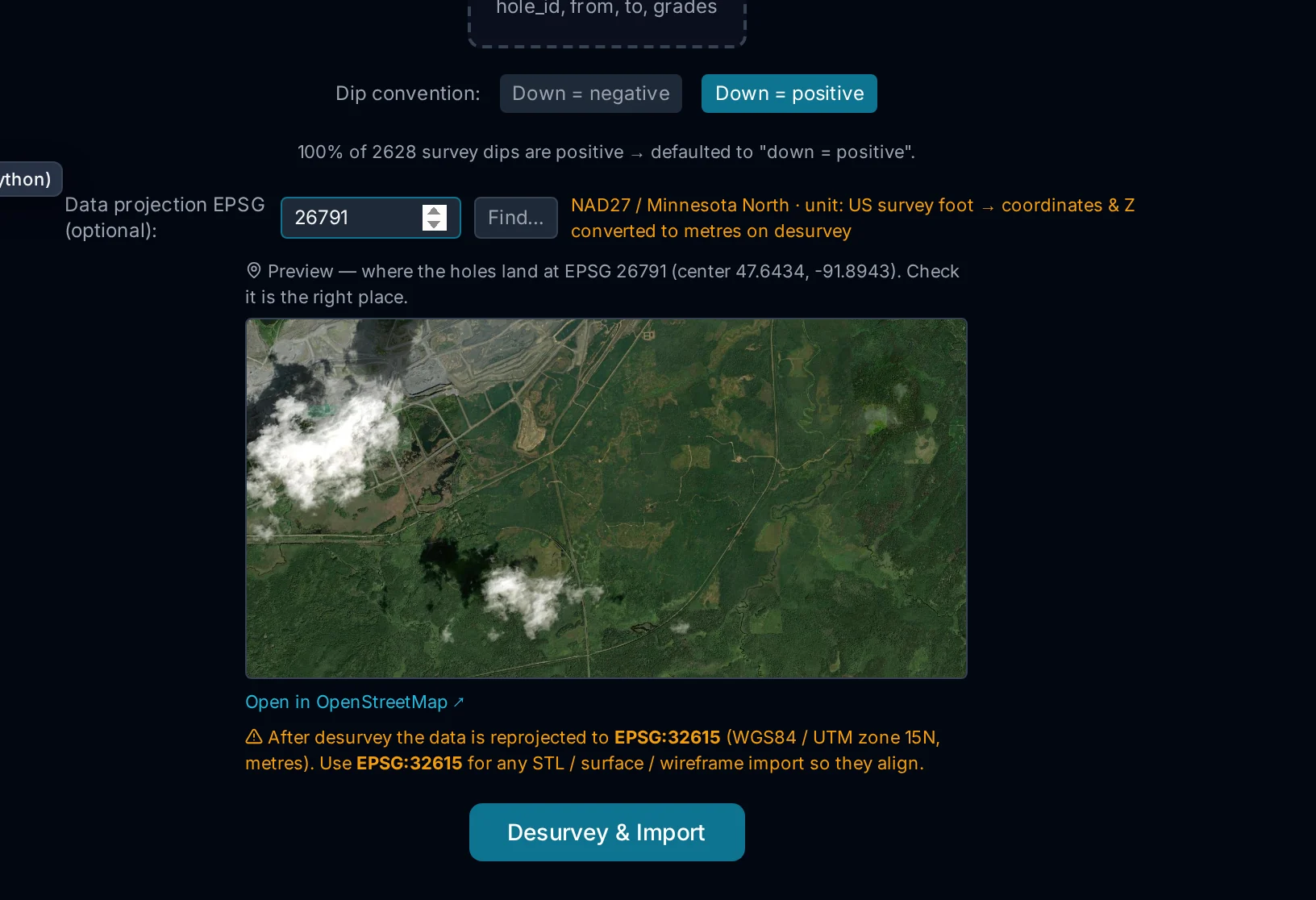 The import screen: three files auto-sorted, EPSG 26791 recognised as NAD27 Minnesota North, and a satellite preview of where the holes land.