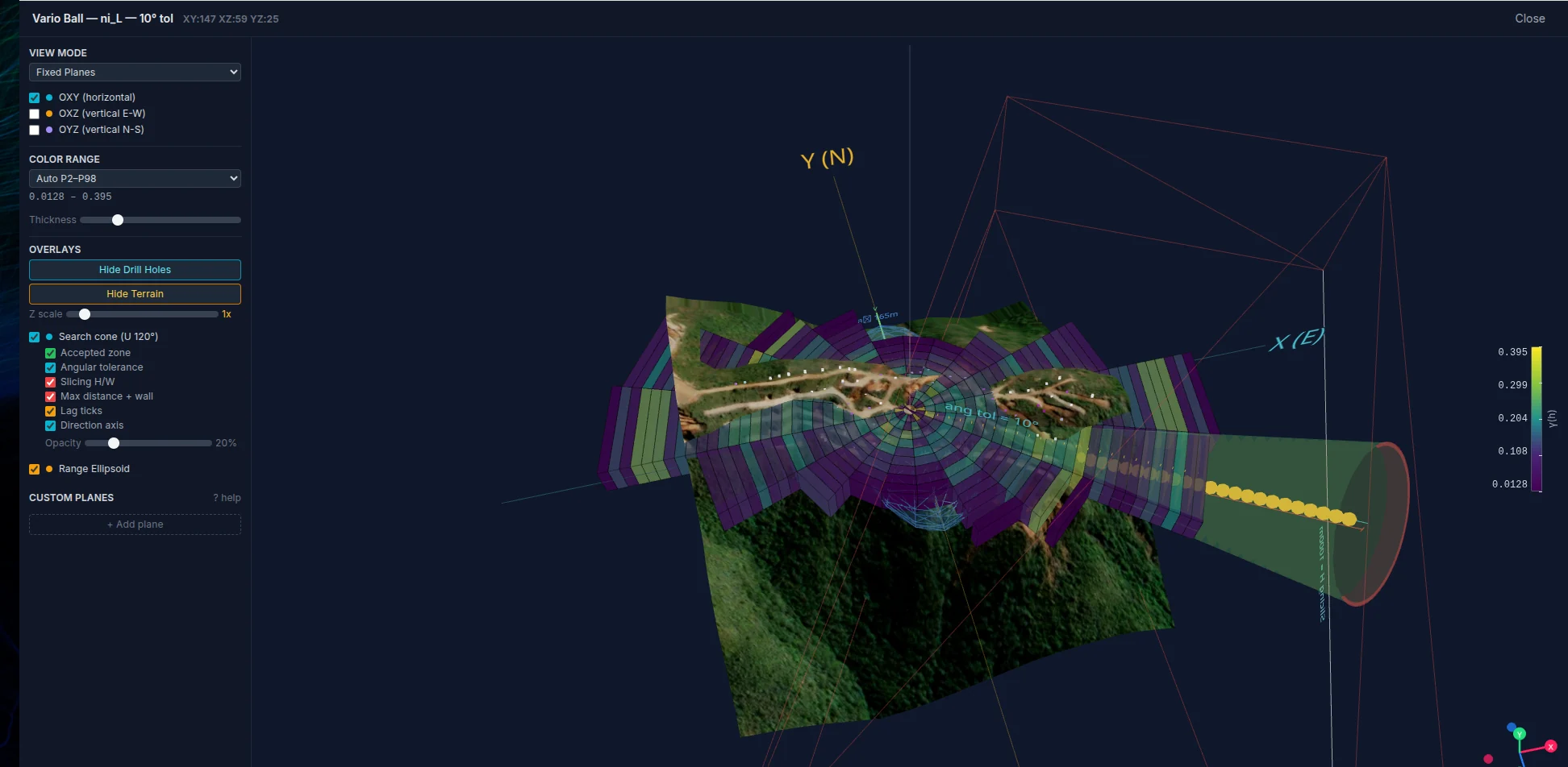 The kriging search cone drawn over the deposit's terrain, among the drillholes it selects from.